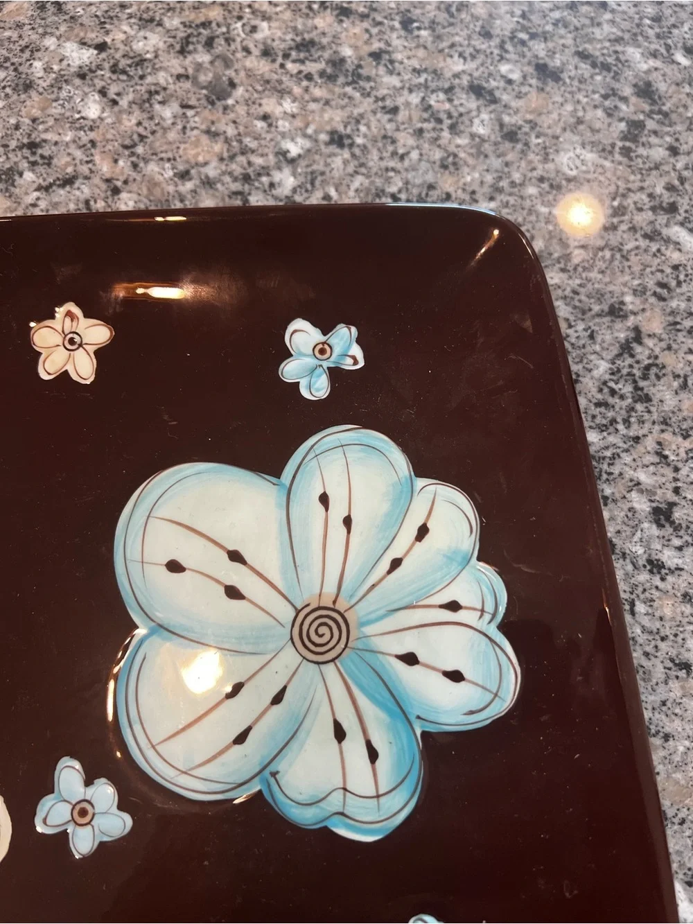 Pier 1 Cassidy Brown Platter with Blue and Cream Floral Design